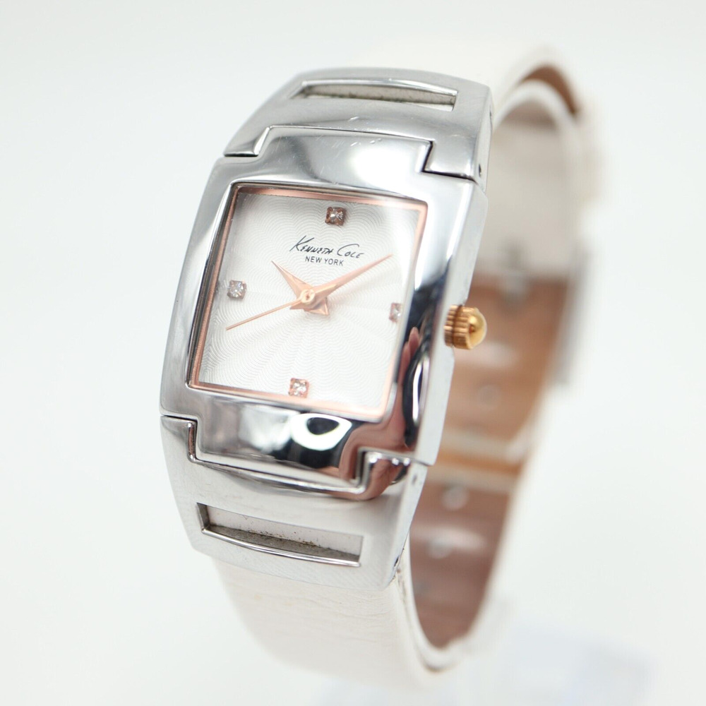 Kenneth Cole NY Womens Silver Tone Watch Square 24mm White Leather Strap KC2814